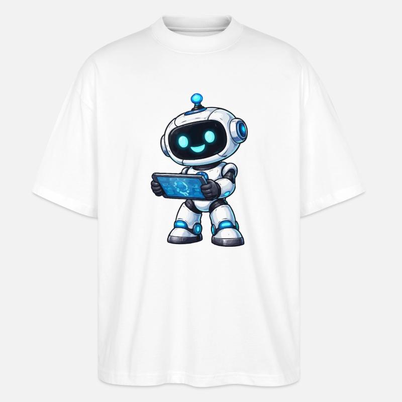 Kleiner Roboter mit Tablet - Stanley/Stella Oversized Unisex Bio T-Shirt Blaster 2.0 - Weiß