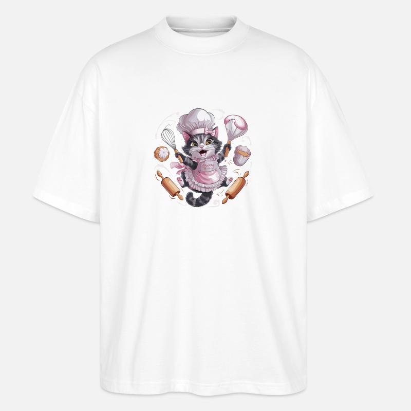 Liebenswerte Katze beim Backen - Stanley/Stella Oversized Unisex Bio T-Shirt Blaster 2.0 - Weiß
