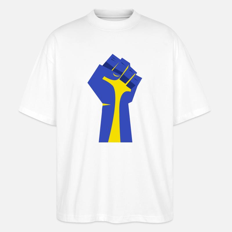 Die erhobene Faust (blau, gelb) - Stanley/Stella Oversized Unisex Bio T-Shirt Blaster 2.0 - Weiß