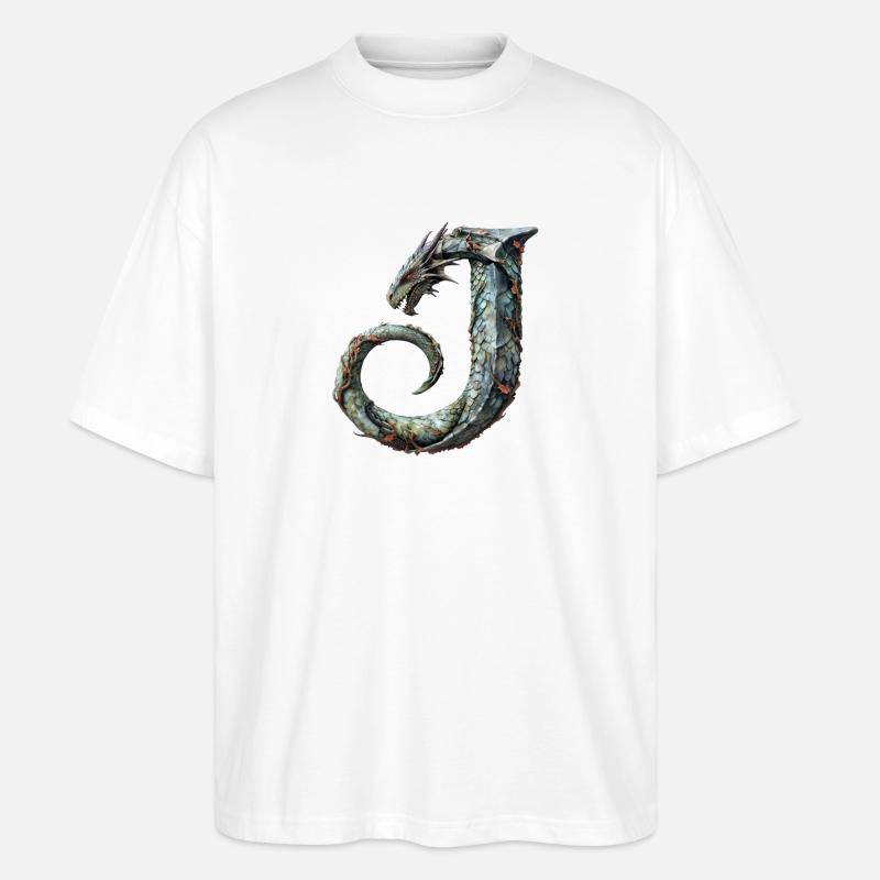 Buchstabe "J" im Drachendesign. - Stanley/Stella Oversized Unisex Bio T-Shirt Blaster 2.0 - Weiß