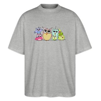 eule und ihre freunde - lustiges eulen treffen - Stanley/Stella Oversized Unisex Bio T-Shirt Blaster 2.0 - Grau meliert - Vorne - Alina (178cm) & Michal (187cm)