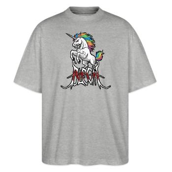 Einhorn Blegh Metal Metalcore Death Metal  - Stanley/Stella Oversized Unisex Bio T-Shirt Blaster 2.0 - Grau meliert - Vorne - Alina (178cm) & Michal (187cm)