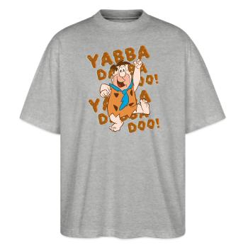 Familie Feuerstein Fred Tanzt Yabba Dabba Doo - Stanley/Stella Oversized Unisex Bio T-Shirt Blaster 2.0 - Grau meliert - Vorne - Alina (178cm) & Michal (187cm)
