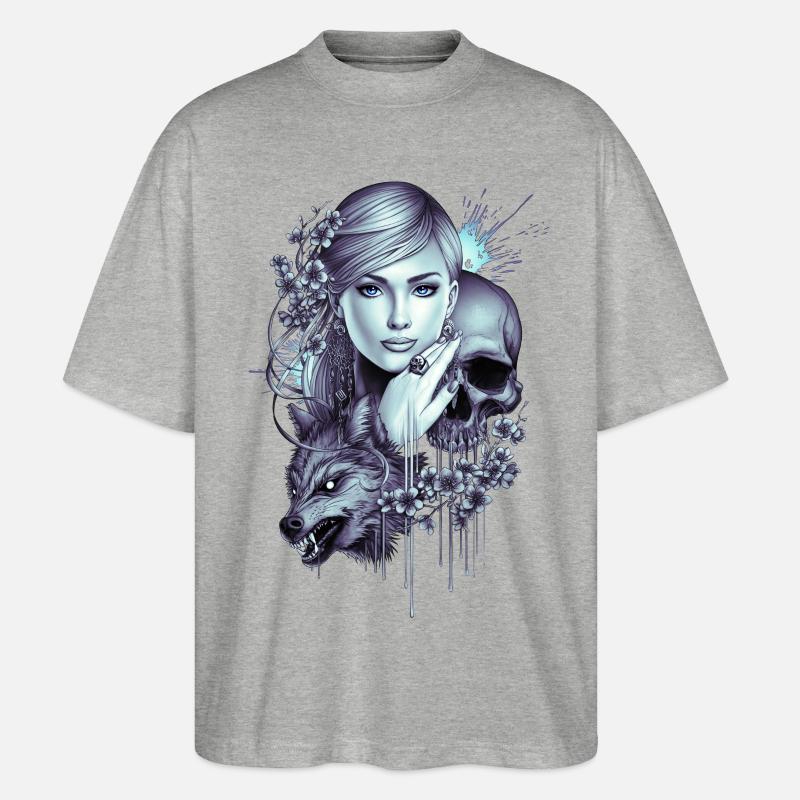 Wolfsschädel Mädchen Tattoo - Stanley/Stella Oversized Unisex Bio T-Shirt Blaster 2.0 - Grau meliert