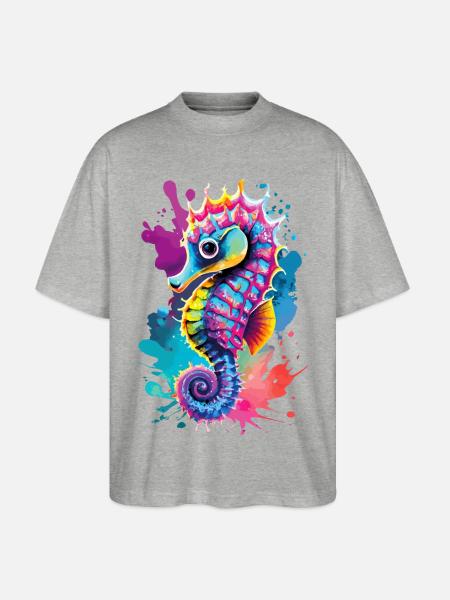 Seepferd Farbenfroh - Hippocampus Seepferdchen - Stanley/Stella Oversized Unisex Bio T-Shirt Blaster 2.0 - Grau meliert