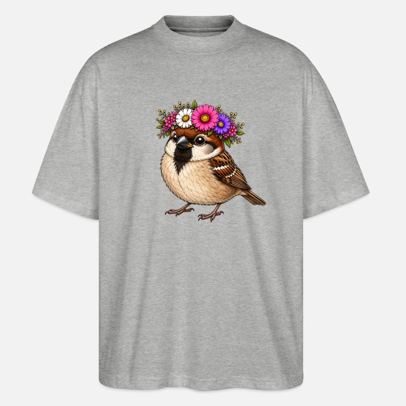Vogel mit Blumenschmuck  - Stanley/Stella Oversized Unisex Bio T-Shirt Blaster 2.0 - Grau meliert