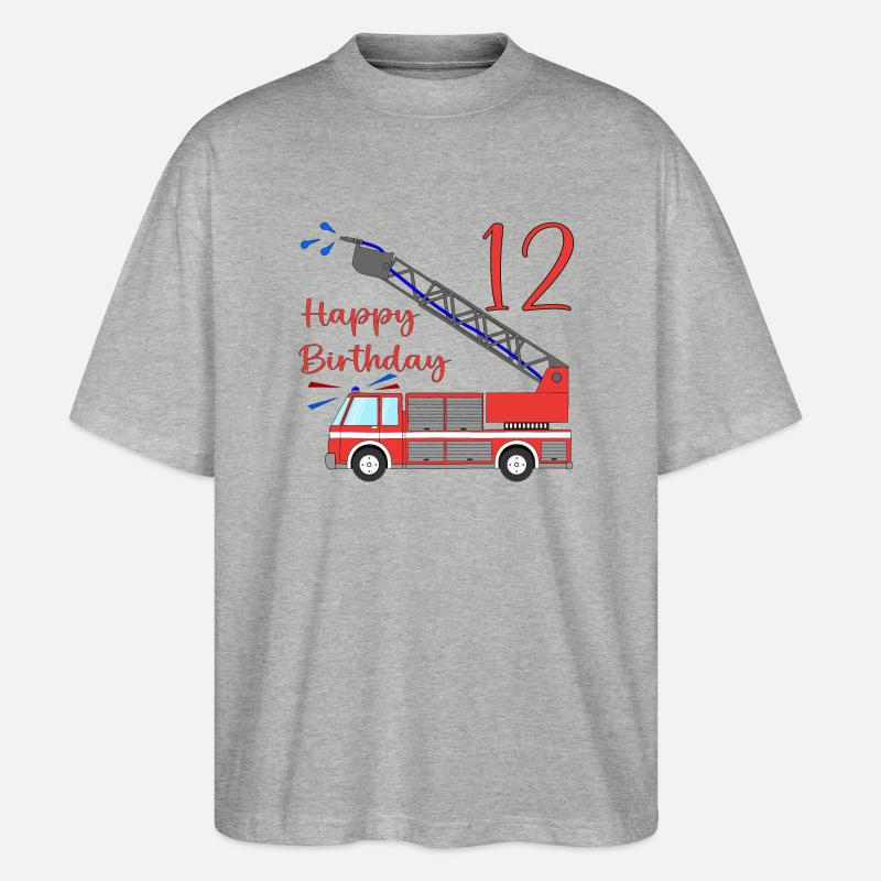 Fire engine Happy Birthday 12 - Stanley/Stella Oversized Unisex Organic T-shirt Blaster 2.0 - heather grey