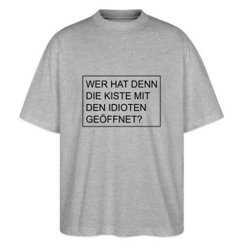 Kiste mit Idioten - Stanley/Stella Oversized Unisex Bio T-Shirt Blaster 2.0 - Grau meliert - Vorne - Alina (178cm) & Michal (187cm)