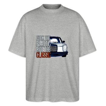 W115 Retro fck plastic - Stanley/Stella Oversized Unisex Bio T-Shirt Blaster 2.0 - Grau meliert - Vorne - Alina (178cm) & Michal (187cm)