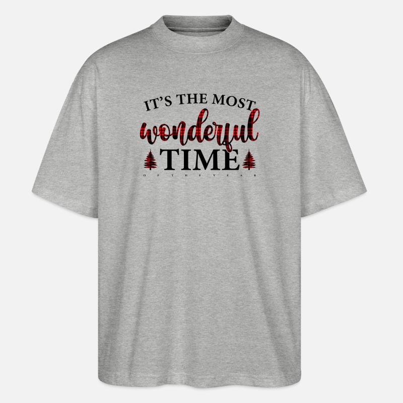 Crimson Plaid Script on Black - Stanley/Stella Oversized Unisex Organic T-shirt Blaster 2.0 - heather grey