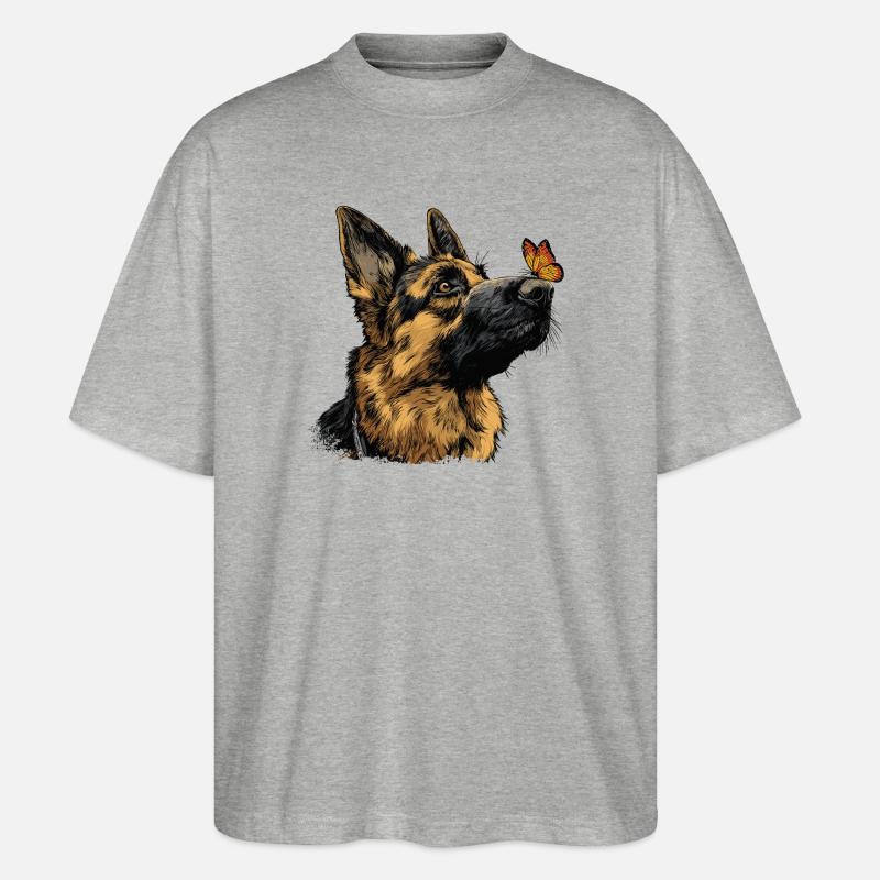 Deutscher Schäferhund und Schmetterling - Stanley/Stella Oversized Unisex Bio T-Shirt Blaster 2.0 - Grau meliert