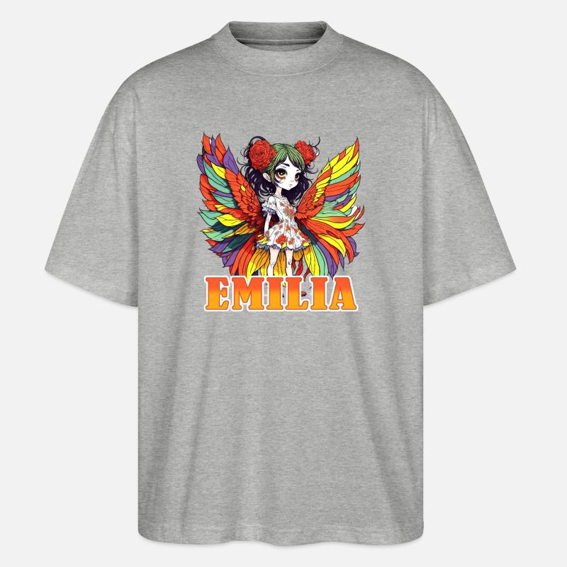 Emilia - Mädchenname - Fee  - Stanley/Stella Oversized Unisex Bio T-Shirt Blaster 2.0 - Grau meliert