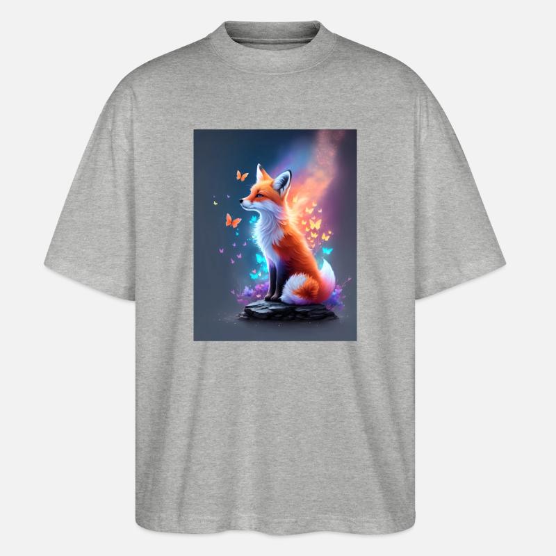 Fantastischer Fuchs mit bunten Schmetterlingen - Stanley/Stella Oversized Unisex Bio T-Shirt Blaster 2.0 - Grau meliert