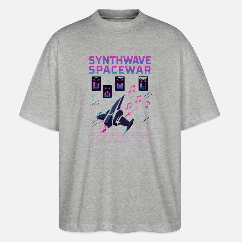 SYNTHWAVE SPACEWAR Vaisseau Rétro Neon 80s - T-shirt bio Blaster 2.0 coupe oversize Stanley/Stella Unisexe - gris chiné