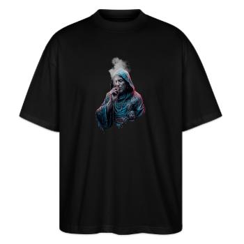 Mönch mit Zigarre - Stanley/Stella Oversized Unisex Bio T-Shirt Blaster 2.0 - Schwarz - Vorne - Alina (178cm) & Michal (187cm)