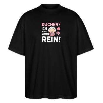 Kuchen-Oma Lustig Einladung Geburtstag Idee - Stanley/Stella Oversized Unisex Bio T-Shirt Blaster 2.0 - Schwarz - Vorne - Alina (178cm) & Michal (187cm)