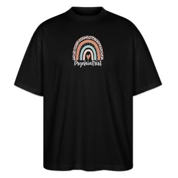 Psychiater Rainbow Leopard Lustiger Psychiater - Stanley/Stella Oversized Unisex Bio T-Shirt Blaster 2.0 - Schwarz - Vorne - Alina (178cm) & Michal (187cm)