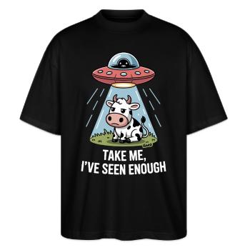 Kuh mit UFO und Lichtstrahl Alien Entführung - Stanley/Stella Oversized Unisex Bio T-Shirt Blaster 2.0 - Schwarz - Vorne - Alina (178cm) & Michal (187cm)
