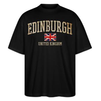 Edinburgh Vintage Union Flag - Stanley/Stella Oversized Unisex Bio T-Shirt Blaster 2.0 - Schwarz - Vorne - Alina (178cm) & Michal (187cm)