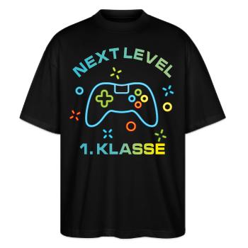 Bunte Spielekonsole Next Level 1.Klasse - Stanley/Stella Oversized Unisex Bio T-Shirt Blaster 2.0 - Schwarz - Vorne - Alina (178cm) & Michal (187cm)