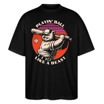 Baseball Beast Bear - Stanley/Stella Oversized Unisex Bio T-Shirt Blaster 2.0 - Schwarz - Vorne - Alina (178cm) & Michal (187cm)