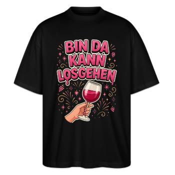 Bin da kann losgehen Partyshirt Damen Weinglas JGA - Stanley/Stella Oversized Unisex Bio T-Shirt Blaster 2.0 - Schwarz - Vorne - Alina (178cm) & Michal (187cm)