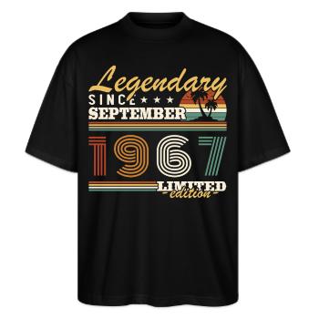 September 1967 Vintage Geburtstagsgeschenk - Stanley/Stella Oversized Unisex Bio T-Shirt Blaster 2.0 - Schwarz - Vorne - Alina (178cm) & Michal (187cm)