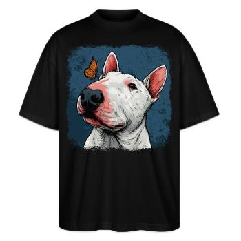 Fröhlicher Bullterrier mit Schmetterling - Stanley/Stella Oversized Unisex Bio T-Shirt Blaster 2.0 - Schwarz - Vorne - Alina (178cm) & Michal (187cm)