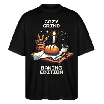 Gemütlicher Grind | Brot backen Humor - Stanley/Stella Oversized Unisex Bio T-Shirt Blaster 2.0 - Schwarz - Vorne - Alina (178cm) & Michal (187cm)