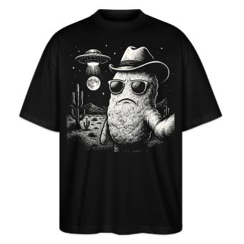 Humor Wüste UFO Selfie Chicken Nugget - Stanley/Stella Oversized Unisex Bio T-Shirt Blaster 2.0 - Schwarz - Vorne - Alina (178cm) & Michal (187cm)