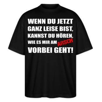 Lustiger Spruch Egal Mir Sarkasmus - Stanley/Stella Oversized Unisex Bio T-Shirt Blaster 2.0 - Schwarz - Vorne - Alina (178cm) & Michal (187cm)