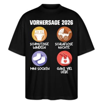 Bald Mama VORHERSAGE 2026 Lustiges - Stanley/Stella Oversized Unisex Bio T-Shirt Blaster 2.0 - Schwarz - Vorne - Alina (178cm) & Michal (187cm)