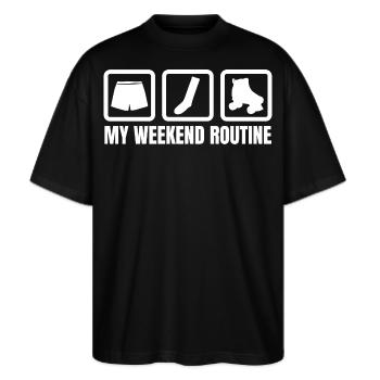 Meine Wochenendroutine - Stanley/Stella Oversized Unisex Bio T-Shirt Blaster 2.0 - Schwarz - Vorne - Alina (178cm) & Michal (187cm)