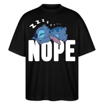 Lilo & Stitch Schlafender Stitch & Schriftzug Nope - Stanley/Stella Oversized Unisex Bio T-Shirt Blaster 2.0 - Schwarz - Vorne - Alina (178cm) & Michal (187cm)