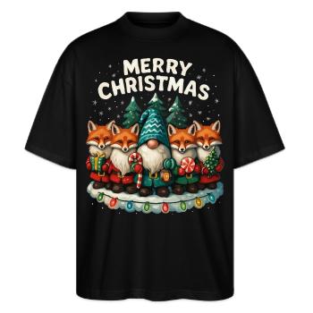 Lustiger Rotfuchs Weihnachten Geschenk Süß - Stanley/Stella Oversized Unisex Bio T-Shirt Blaster 2.0 - Schwarz - Vorne - Alina (178cm) & Michal (187cm)