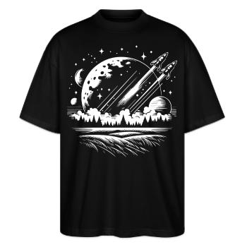 Für SF-Fans: "Cosmos"-T-Shirt - Stanley/Stella Oversized Unisex Bio T-Shirt Blaster 2.0 - Schwarz - Vorne - Alina (178cm) & Michal (187cm)