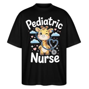 Pädiatrische Giraffe mit Stethoskop - Stanley/Stella Oversized Unisex Bio T-Shirt Blaster 2.0 - Schwarz - Vorne - Alina (178cm) & Michal (187cm)