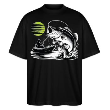 Sportangeln Schwarzbarsch-Boots-Mond-Vintage - Stanley/Stella Oversized Unisex Bio T-Shirt Blaster 2.0 - Schwarz - Vorne - Alina (178cm) & Michal (187cm)
