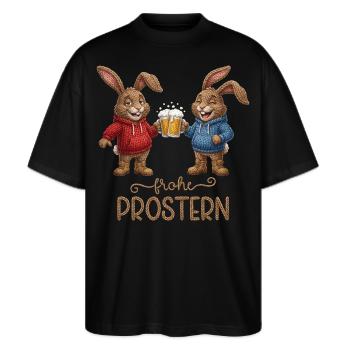 Frohe Prostern Hasen Bier Osterhasen Prosterhase - Stanley/Stella Oversized Unisex Bio T-Shirt Blaster 2.0 - Schwarz - Vorne - Alina (178cm) & Michal (187cm)