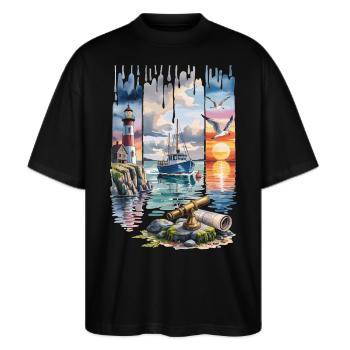 Küsten T-Shirt mit Leuchtturm – Maritimes Meer - Stanley/Stella Oversized Unisex Bio T-Shirt Blaster 2.0 - Schwarz - Vorne - Alina (178cm) & Michal (187cm)