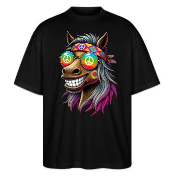 Hippie 70er Jahre 1970er 60er Jahre Party Pferd - Stanley/Stella Oversized Unisex Bio T-Shirt Blaster 2.0 - Schwarz - Vorne - Alina (178cm) & Michal (187cm)
