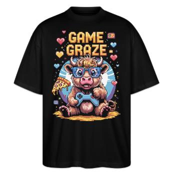 Pixel Gamer Kuh Shirt - Stanley/Stella Oversized Unisex Bio T-Shirt Blaster 2.0 - Schwarz - Vorne - Alina (178cm) & Michal (187cm)