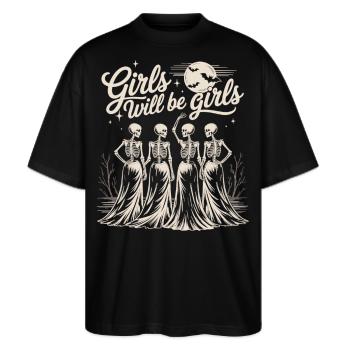 Girls Will Be Girls Halloween Shirt - Stanley/Stella Oversized Unisex Bio T-Shirt Blaster 2.0 - Schwarz - Vorne - Alina (178cm) & Michal (187cm)