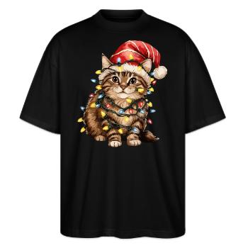 Weihnachts Katze - Stanley/Stella Oversized Unisex Bio T-Shirt Blaster 2.0 - Schwarz - Vorne - Alina (178cm) & Michal (187cm)