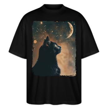 Schwarze Katze Tier Sterne Vollmond Nacht Sternenhimmel - Stanley/Stella Oversized Unisex Bio T-Shirt Blaster 2.0 - Schwarz - Vorne - Alina (178cm) & Michal (187cm)