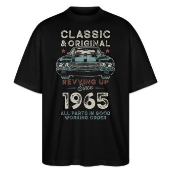 Geboren 1965 Geburtstag Oldtimer - Stanley/Stella Oversized Unisex Bio T-Shirt Blaster 2.0 - Schwarz - Vorne - Alina (178cm) & Michal (187cm)