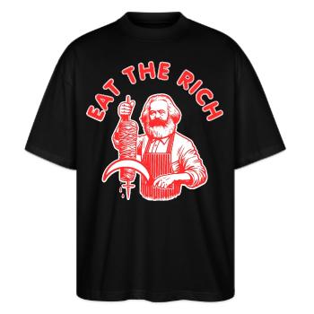 Eat the rich - Stanley/Stella Oversized Unisex Bio T-Shirt Blaster 2.0 - Schwarz - Vorne - Alina (178cm) & Michal (187cm)