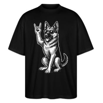 Deutscher Schäferhund Rock Musik Metal Musik - Stanley/Stella Oversized Unisex Bio T-Shirt Blaster 2.0 - Schwarz - Vorne - Alina (178cm) & Michal (187cm)