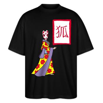 Fox Kitsune Manga - Stanley/Stella Oversized Unisex Bio T-Shirt Blaster 2.0 - Schwarz - Vorne - Alina (178cm) & Michal (187cm)