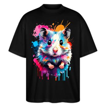 Hamster Farbenfroh - Feldhamster Goldhamster Nager - Stanley/Stella Oversized Unisex Bio T-Shirt Blaster 2.0 - Schwarz - Vorne - Alina (178cm) & Michal (187cm)